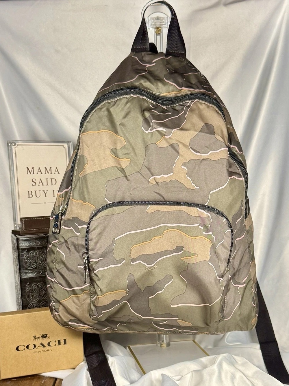 RARE Coach F31450 Wild Camo Packable Folding Nylon Backpack Green Pink